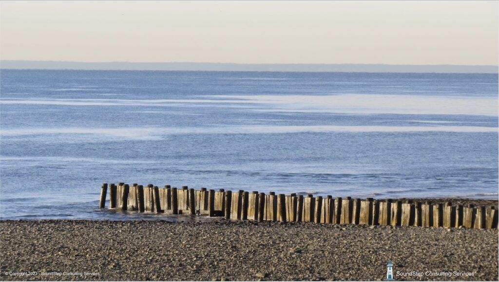 Remnants of a Dock Against a Blue Quiet Sound